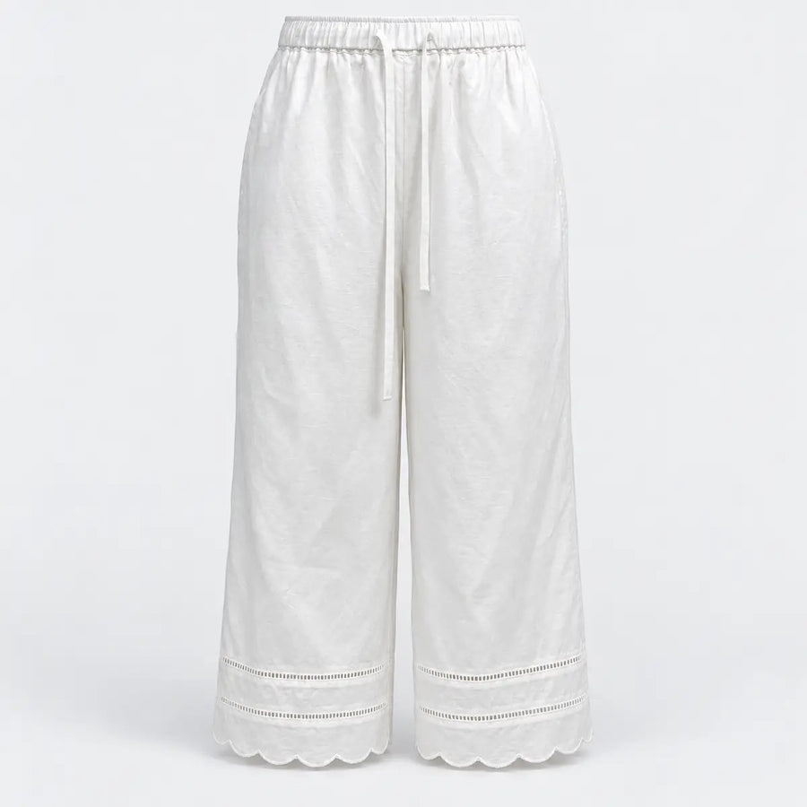 White Drawstring Wide-Leg Pants with Scalloped Hems