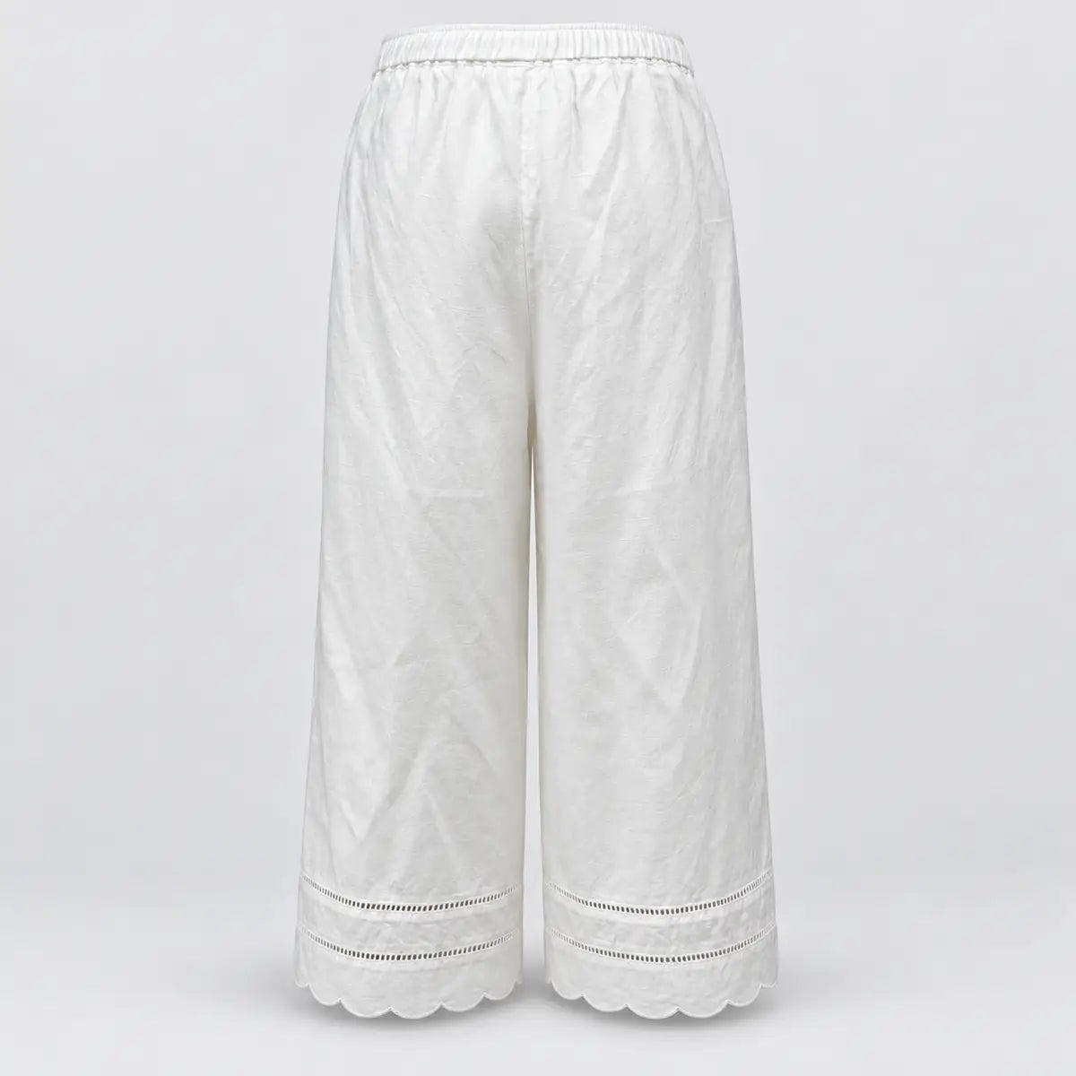 White Drawstring Wide-Leg Pants with Scalloped Hems — 1