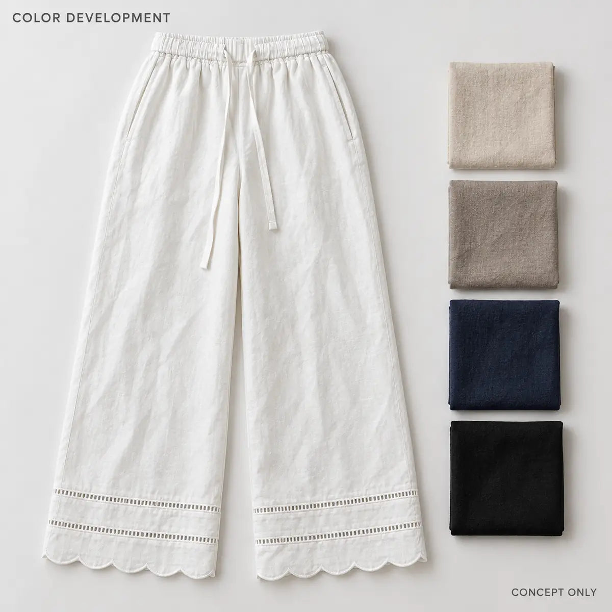 White Drawstring Wide-Leg Pants with Scalloped Hems — 5