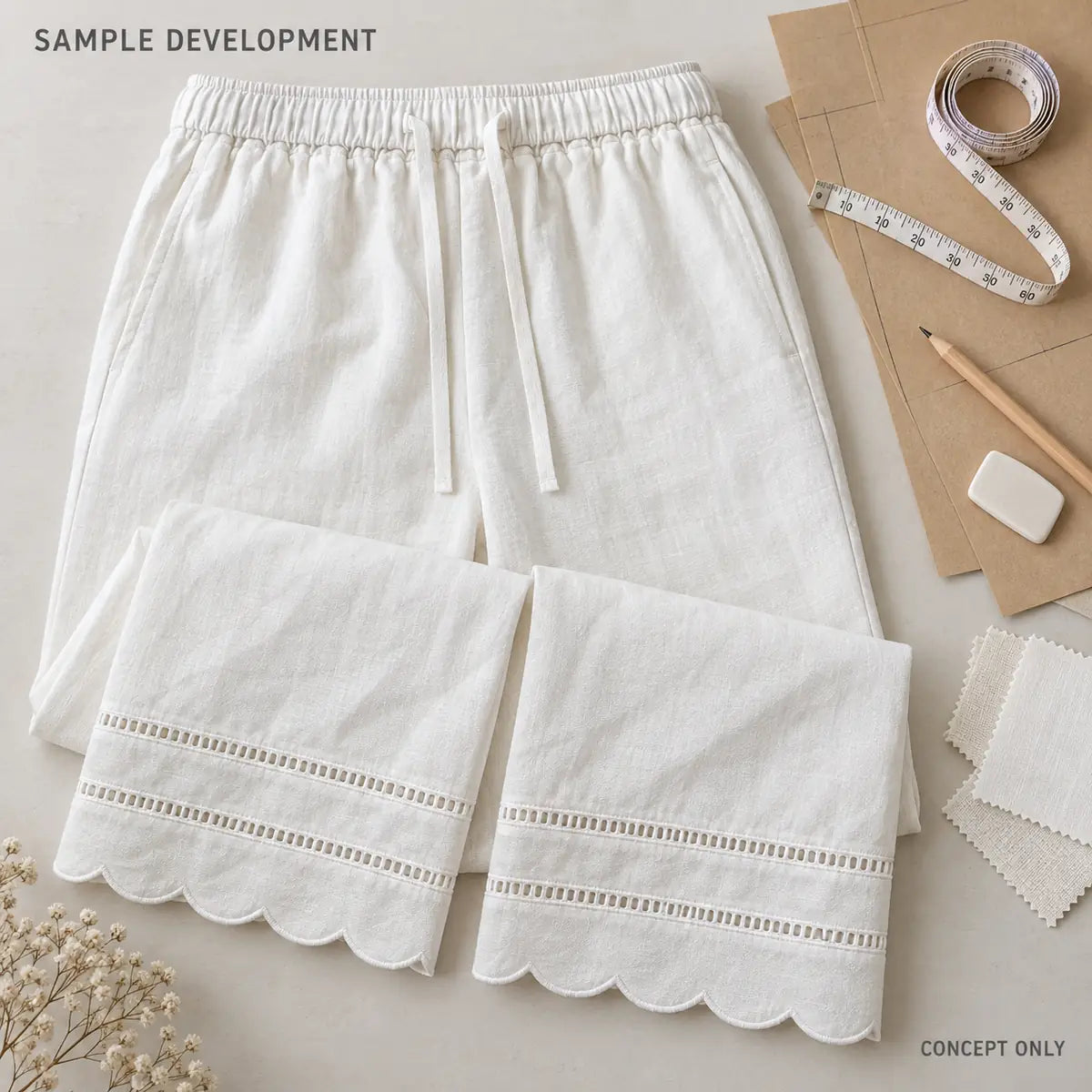 White Drawstring Wide-Leg Pants with Scalloped Hems — 6