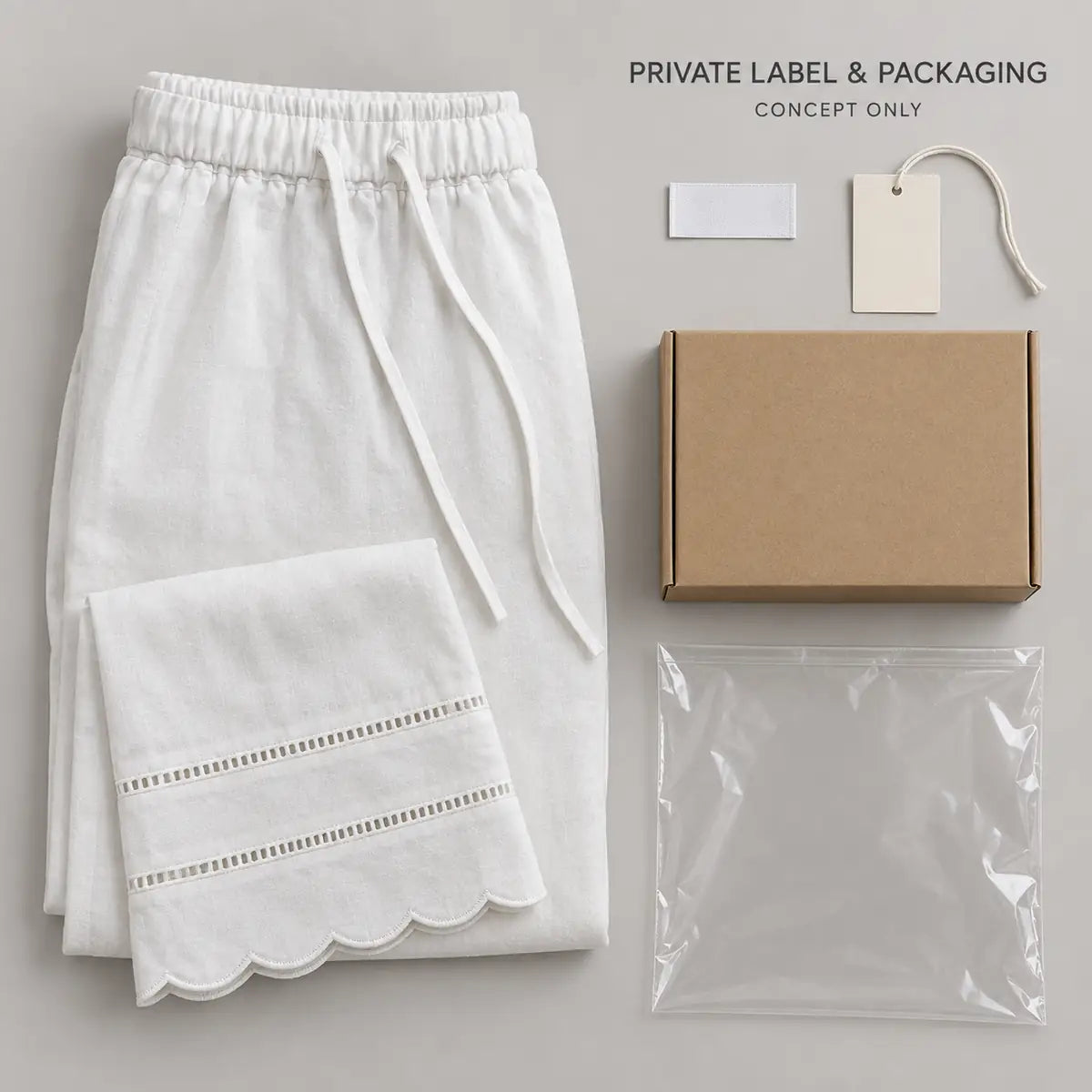 White Drawstring Wide-Leg Pants with Scalloped Hems — 7