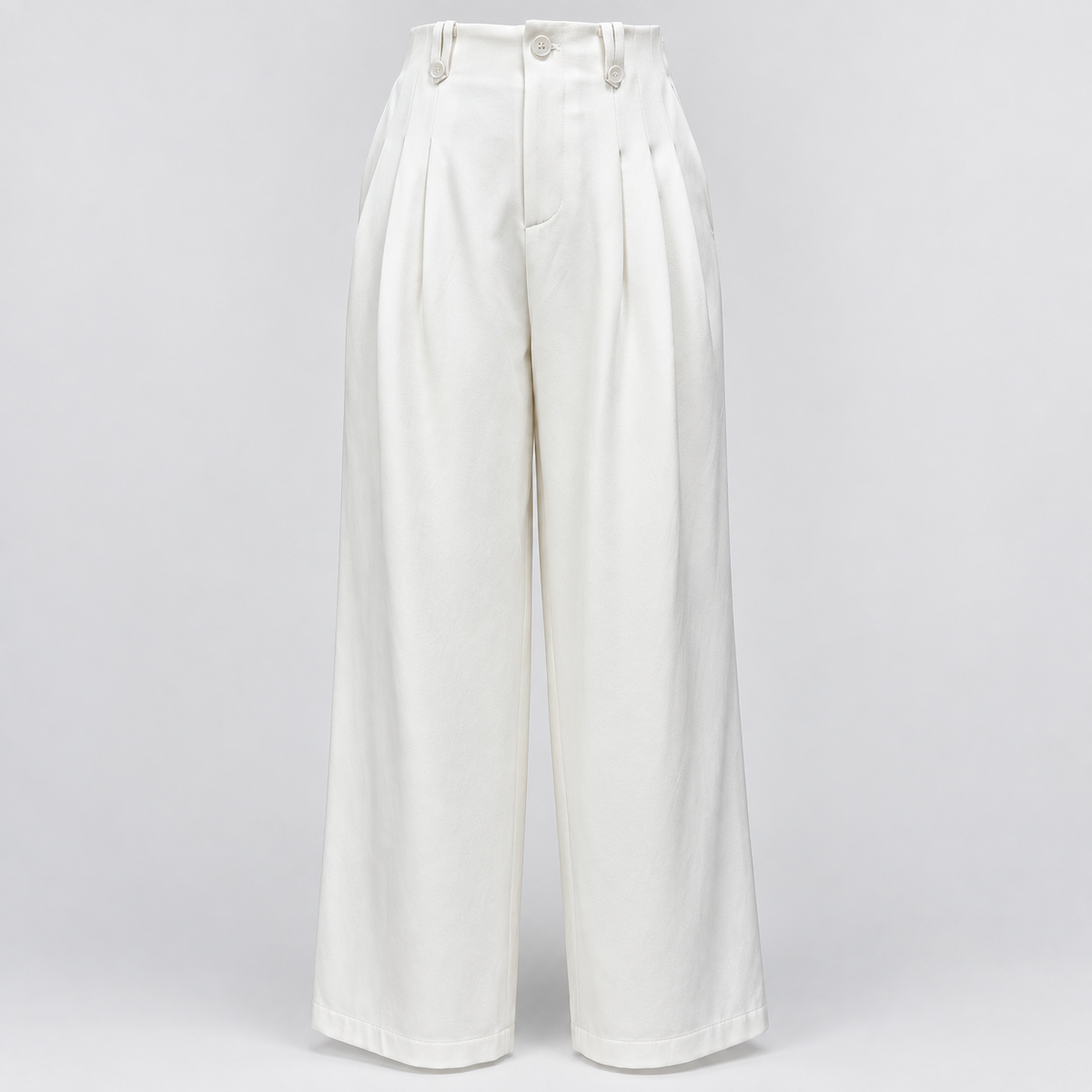 White Button-Tab Pleated Wide-Leg Trousers